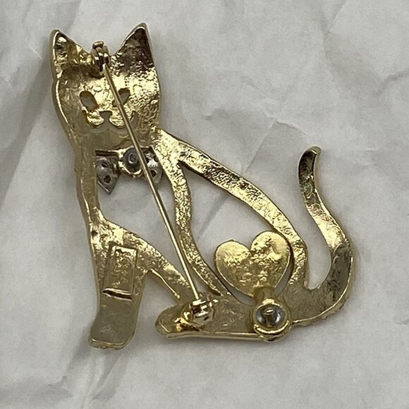 Vintage Ultra Craft Brooch Pin Cat Brushed Gold Tone Open Bow‎ tie Heart Signed - Picture 7 of 8